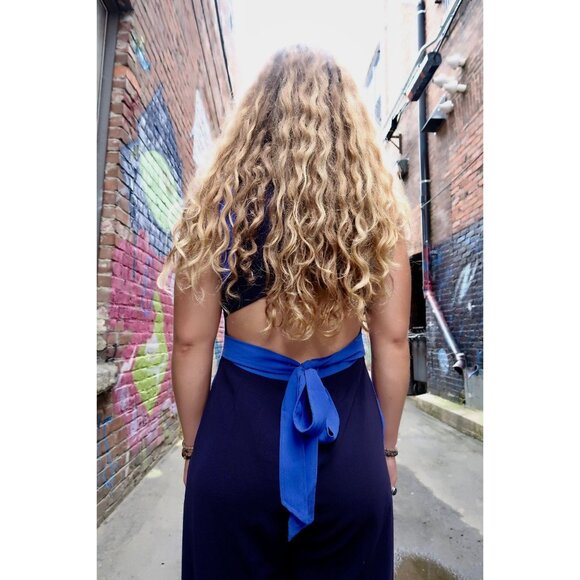 Anthropologie Elevenses Jumpsuit 10 Beca Blue Colorblock Wide Leg Copped Cut Out - Picture 12 of 15